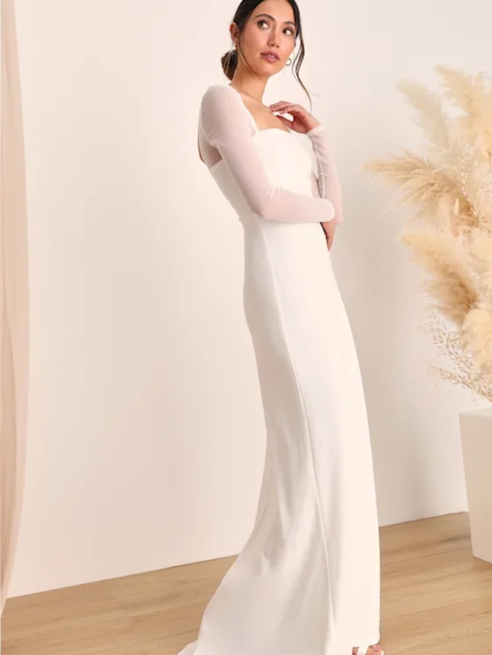 New Lulus Lovingly Elegant Cream Square Neck Long Sleeve Bridal Gown Sz Small - Picture 4 of 12